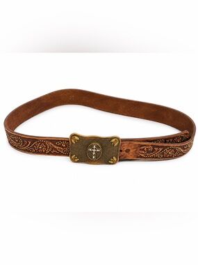 Tony Lama Men’s Tooled Leather Western Belt Rhinestone Cross Buckle Size 36